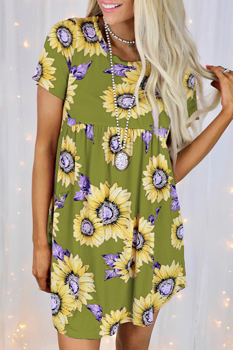 Casual Street Floral Split Joint O Neck Dresses - Fashionpara