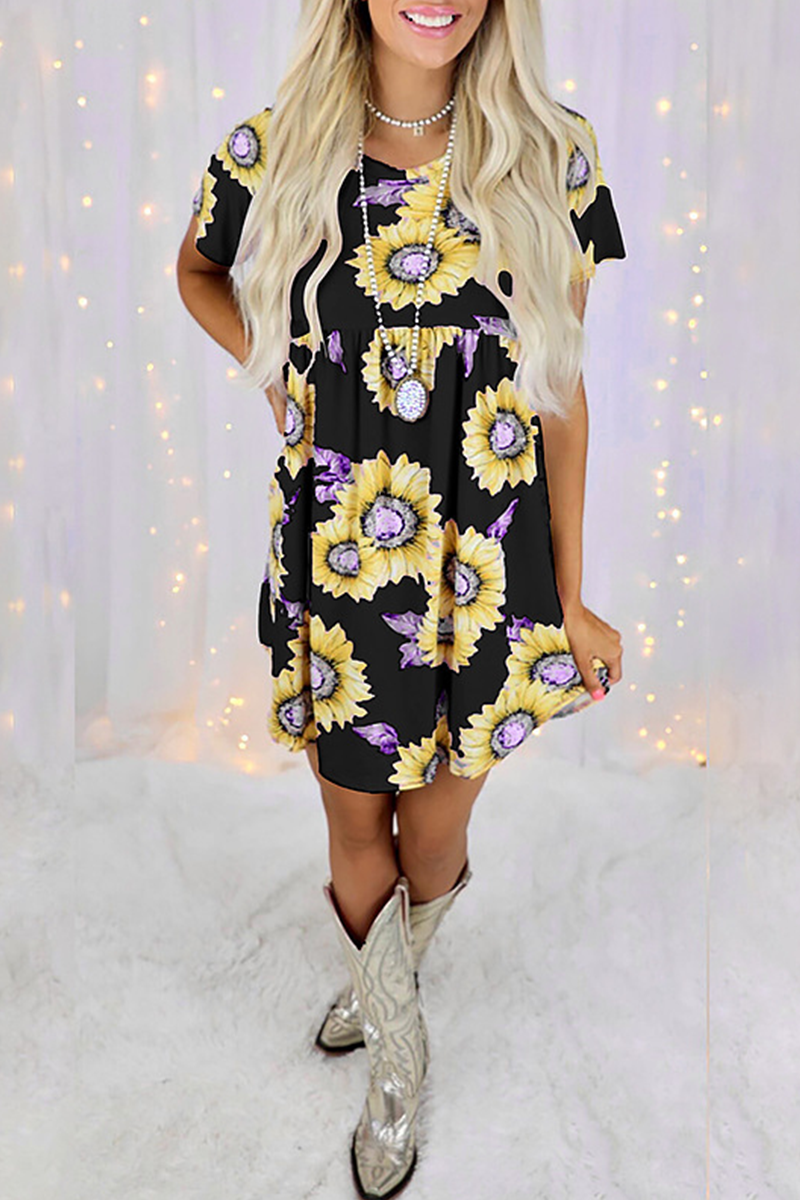 Casual Street Floral Split Joint O Neck Dresses - Fashionpara