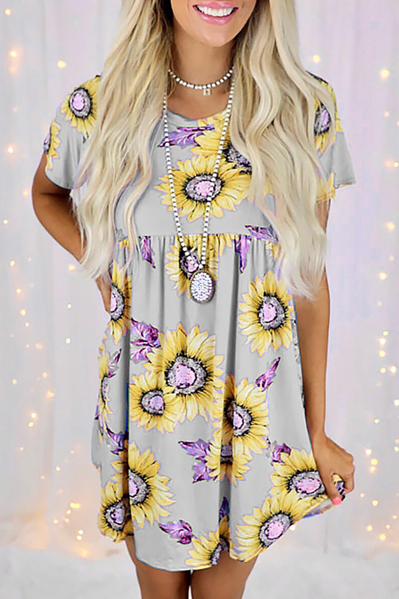 Casual Street Floral Split Joint O Neck Dresses - Fashionpara