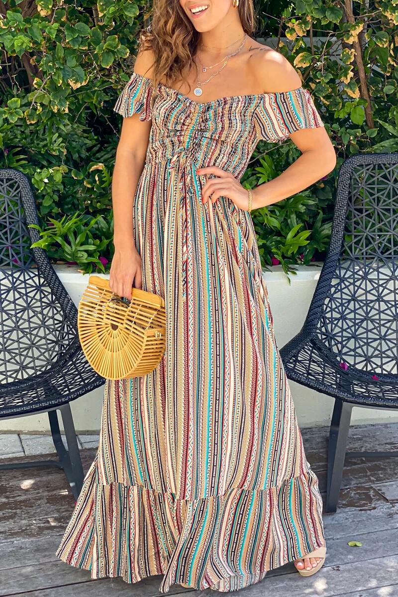 Bohemian Striped Split Joint Flounce Off the Shoulder A Line Dresses - Fashionpara