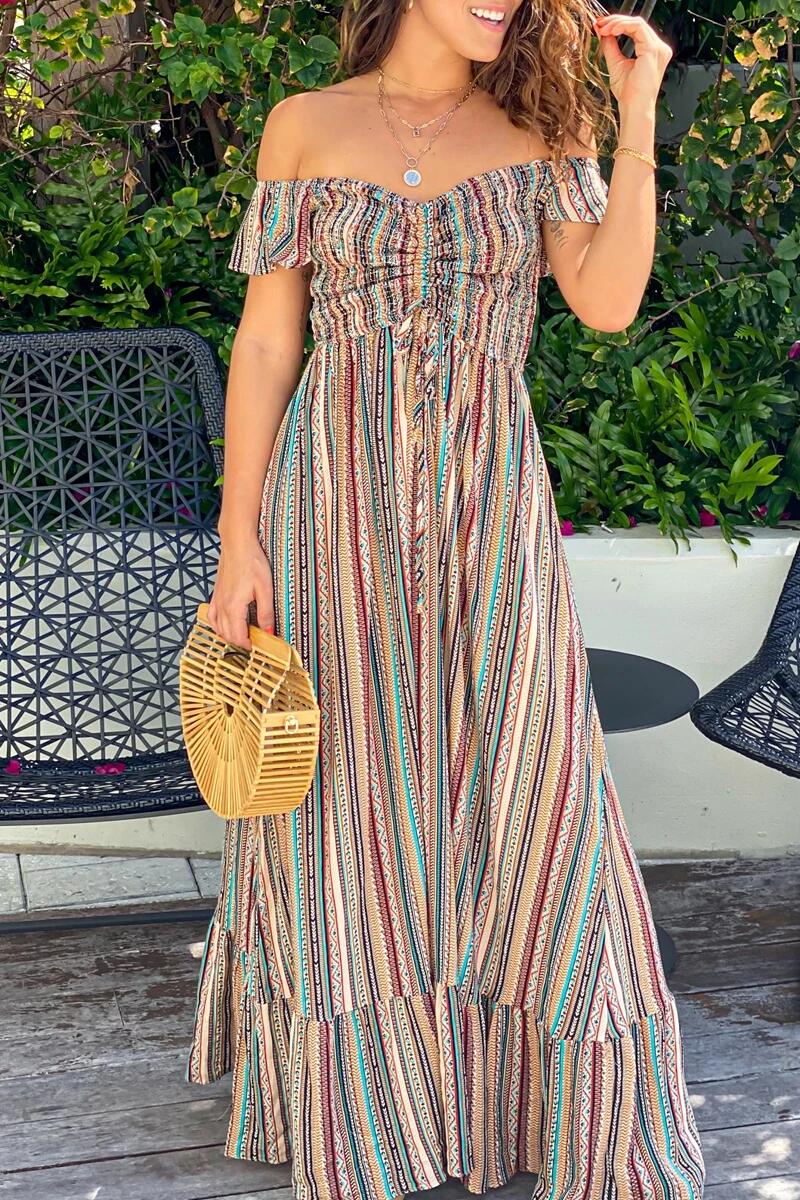 Bohemian Striped Split Joint Flounce Off the Shoulder A Line Dresses - Fashionpara