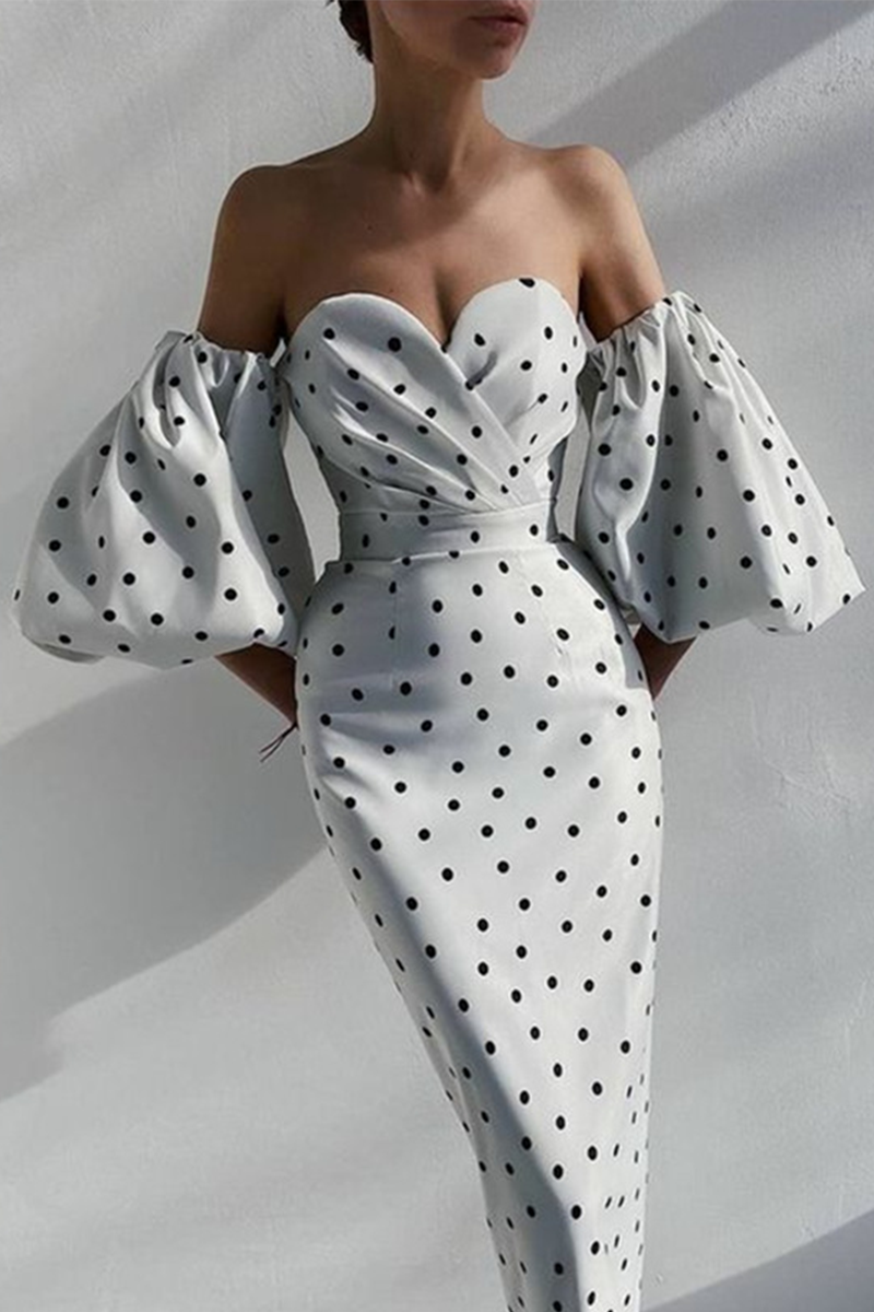 Fashion Elegant Polka Dot Slit Fold Strapless Pencil Skirt Dresses - Fashionpara