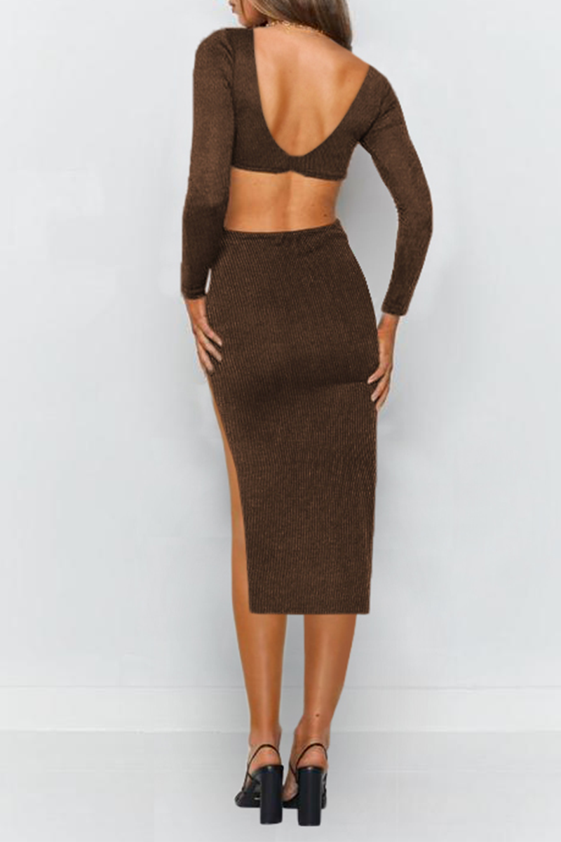 Elegant Solid Hollowed Out Backless Slit V Neck Pencil Skirt Dresses - Fashionpara