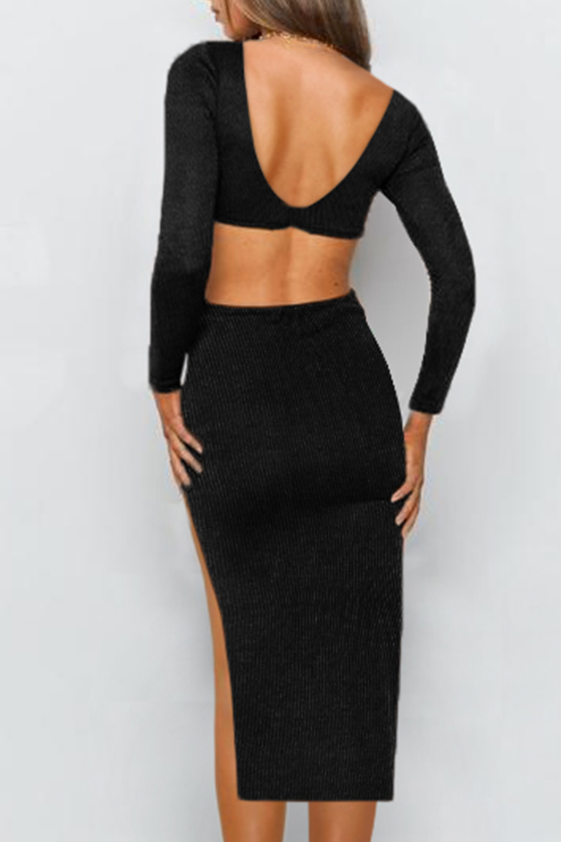 Elegant Solid Hollowed Out Backless Slit V Neck Pencil Skirt Dresses - Fashionpara