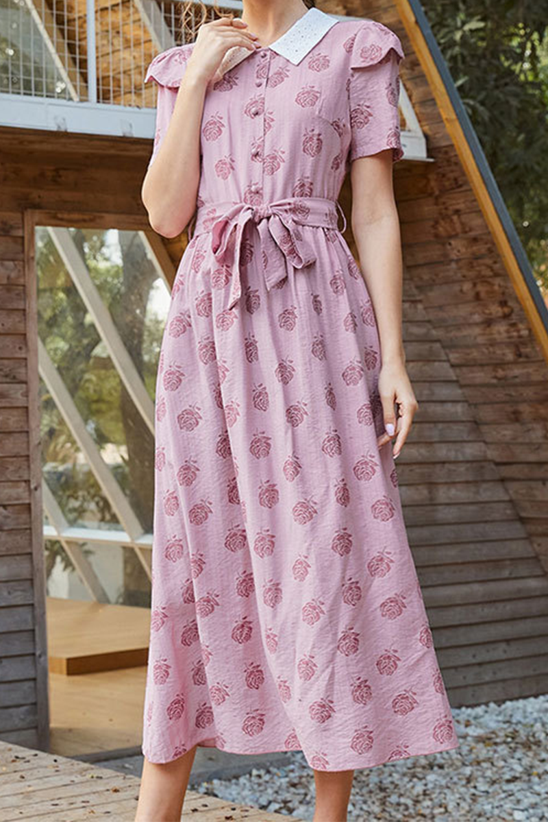 Elegant Floral Buckle With Belt Turndown Collar A Line Dresses - Fashionpara