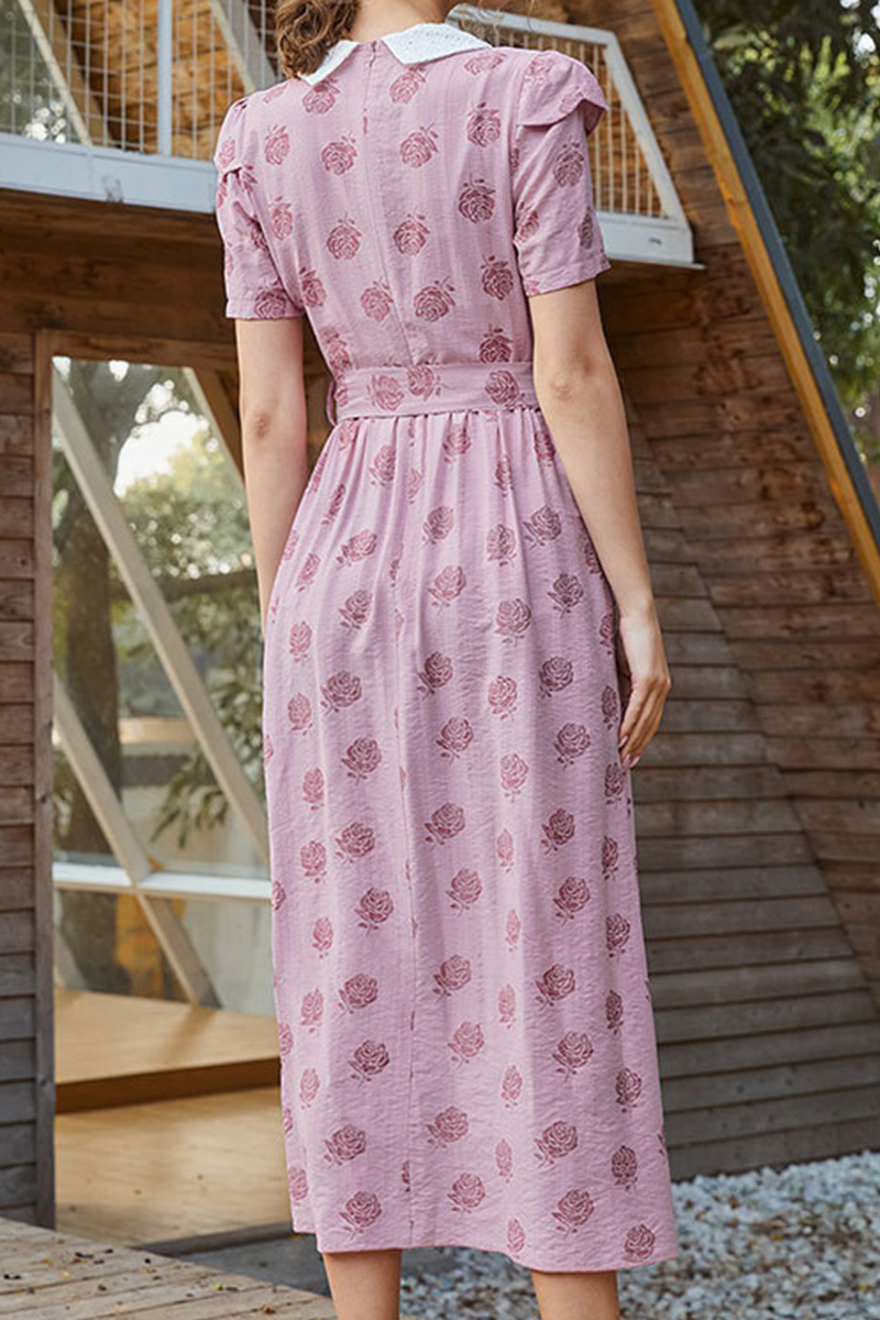 Elegant Floral Buckle With Belt Turndown Collar A Line Dresses - Fashionpara