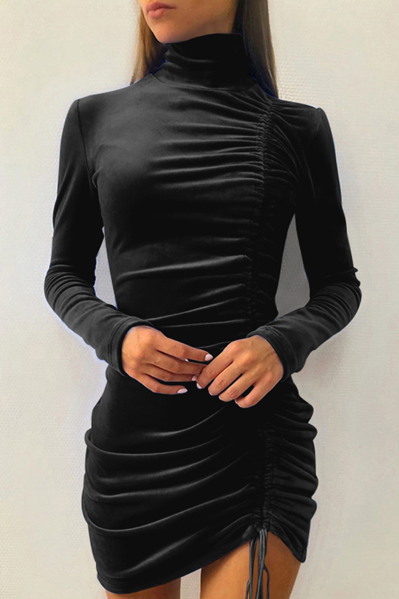 Fashion Elegant Solid Split Joint Fold Half A Turtleneck Pencil Skirt Dresses - Fashionpara