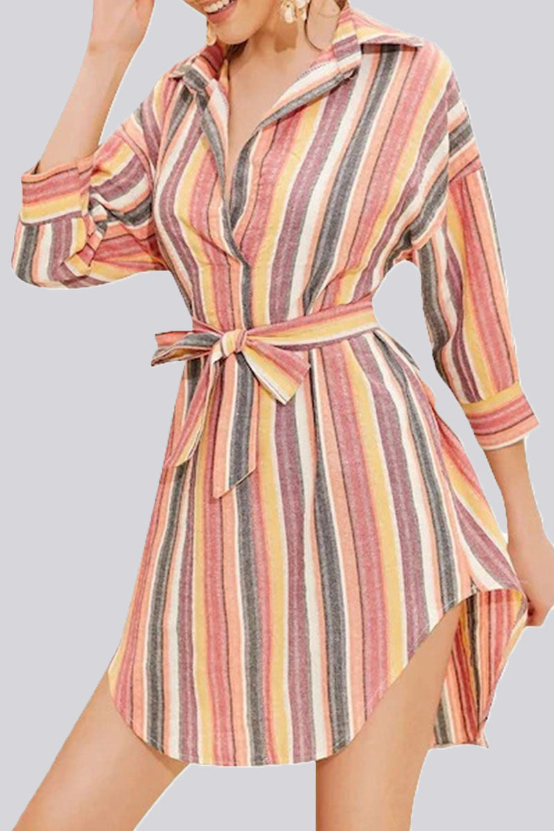 Fashion Casual Striped Split Joint Turndown Collar A Line Dresses - Fashionpara