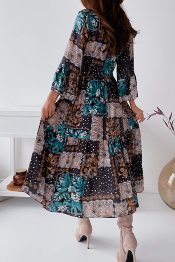 Elegant Print Buckle Flounce Mandarin Collar Dresses - Fashionpara