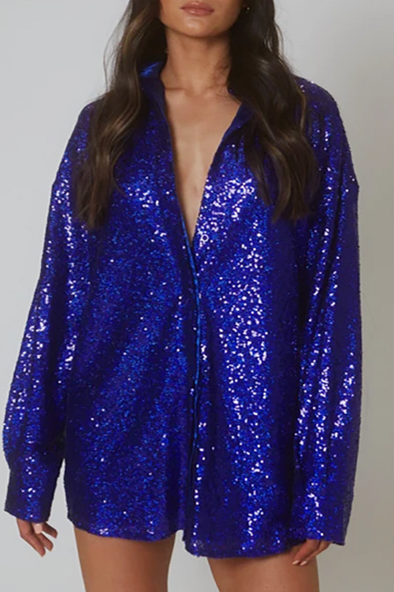 Solid Sequins Shirt Dresses - Fashionpara