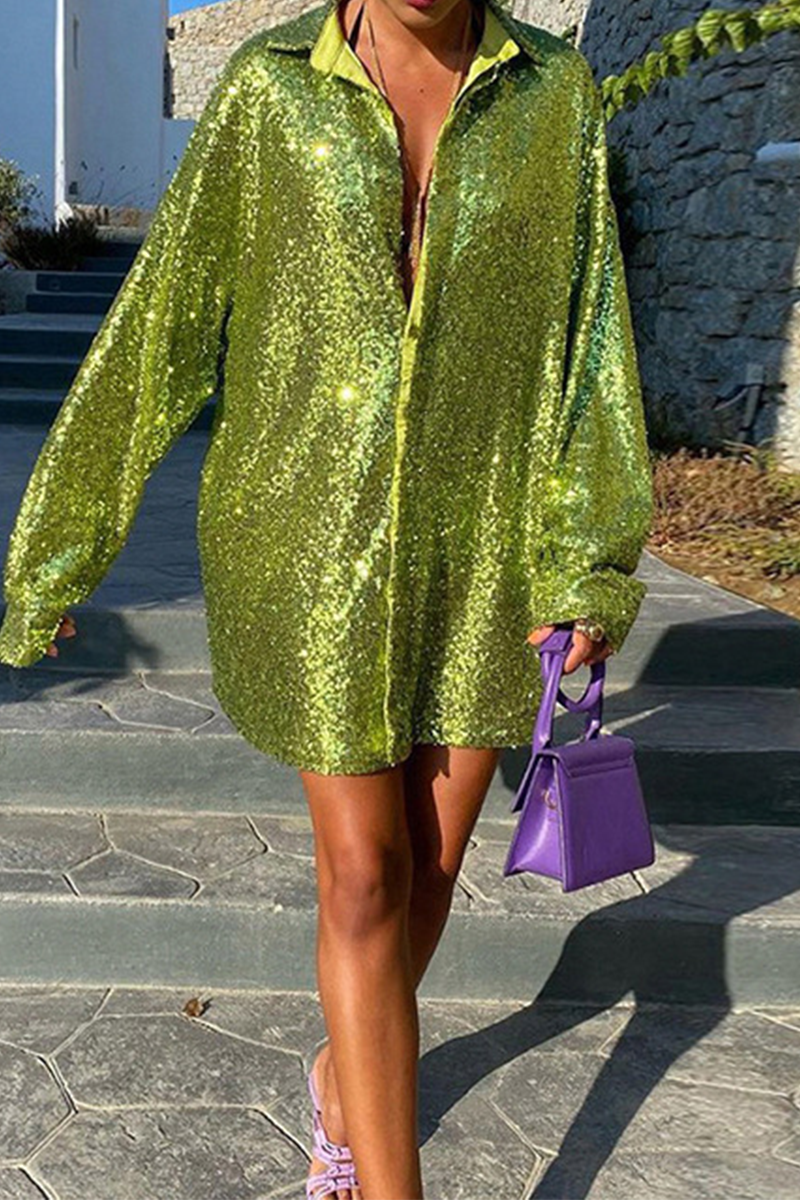 Solid Sequins Shirt Dresses - Fashionpara