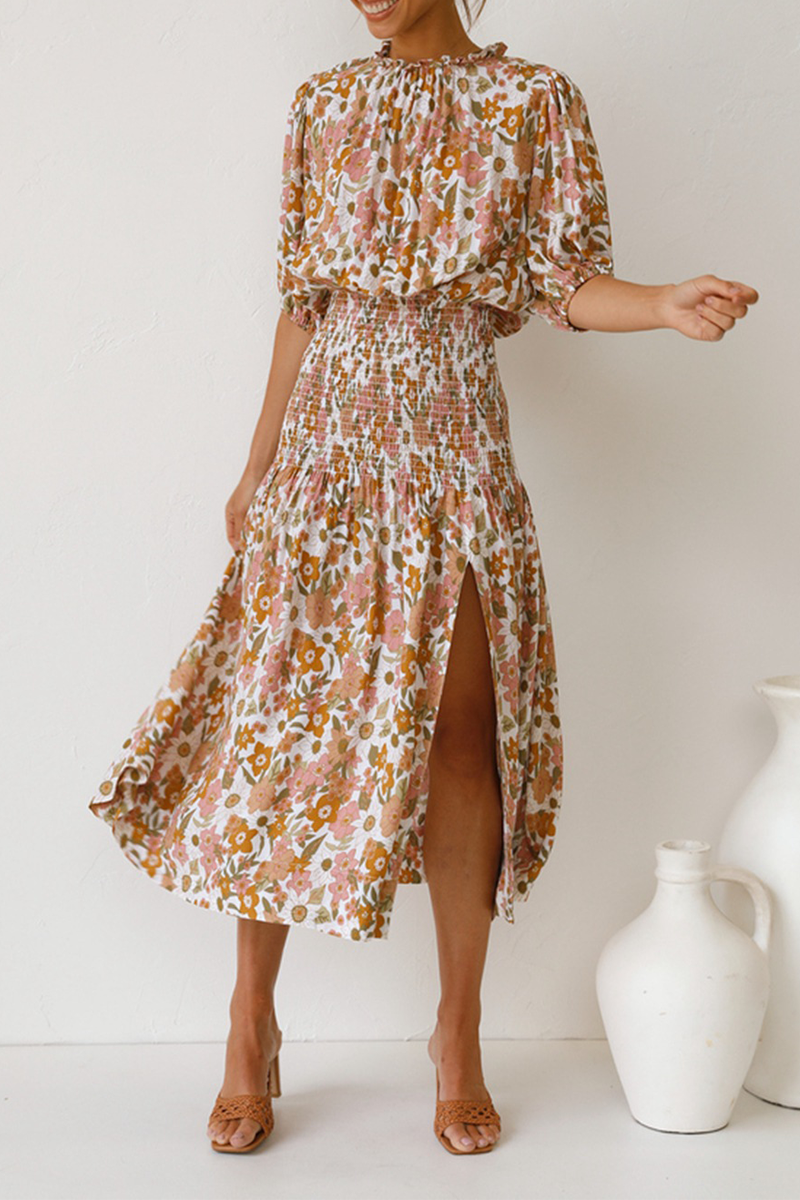 Floral Shirred Waist Slit Midi Dress - Fashionpara