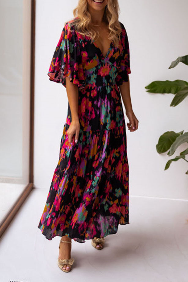 V Neck Floral Bat Maxi Dress - Fashionpara