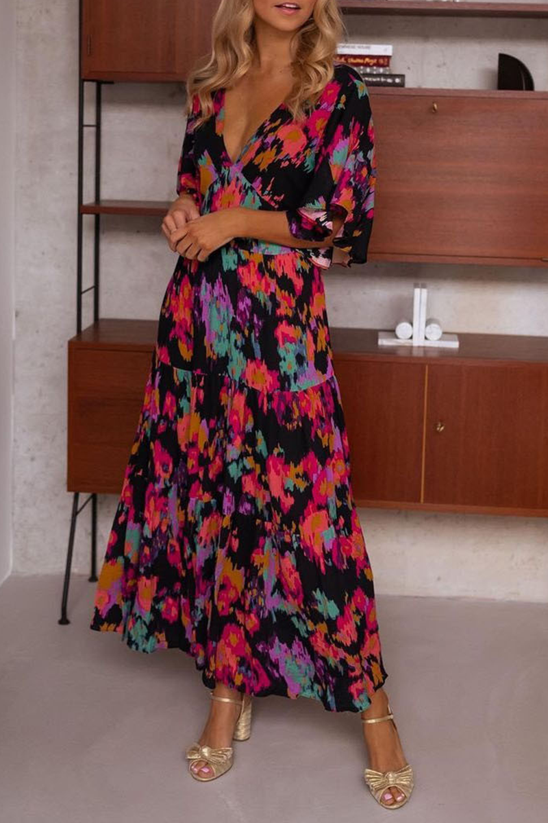 V Neck Floral Bat Maxi Dress - Fashionpara