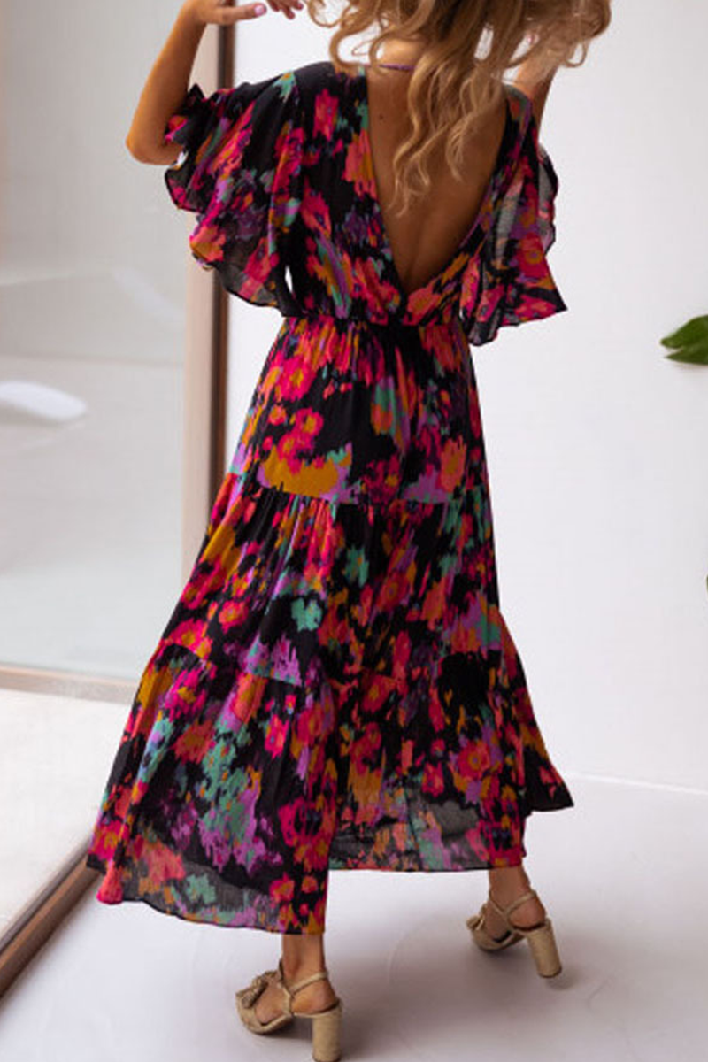 V Neck Floral Bat Maxi Dress - Fashionpara