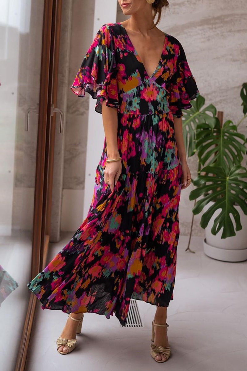 V Neck Floral Bat Maxi Dress - Fashionpara