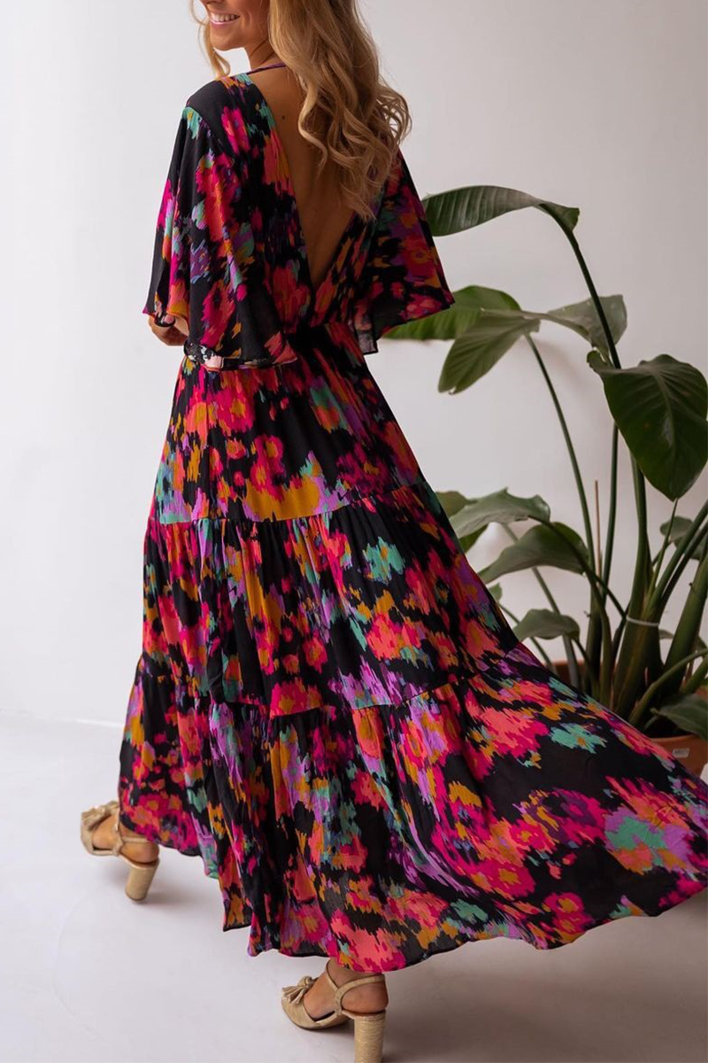 V Neck Floral Bat Maxi Dress - Fashionpara