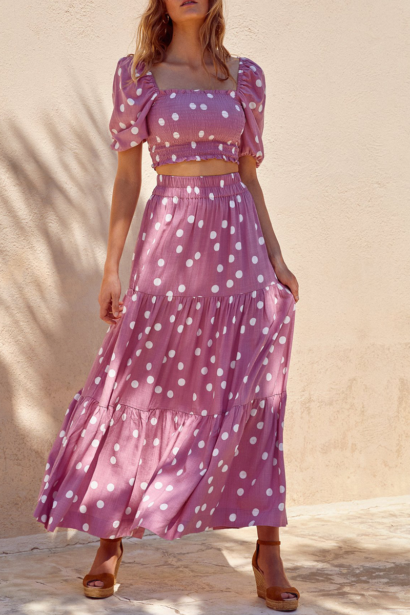 Dot Puff Sleeve Crop Maxi Skirts Set - Fashionpara