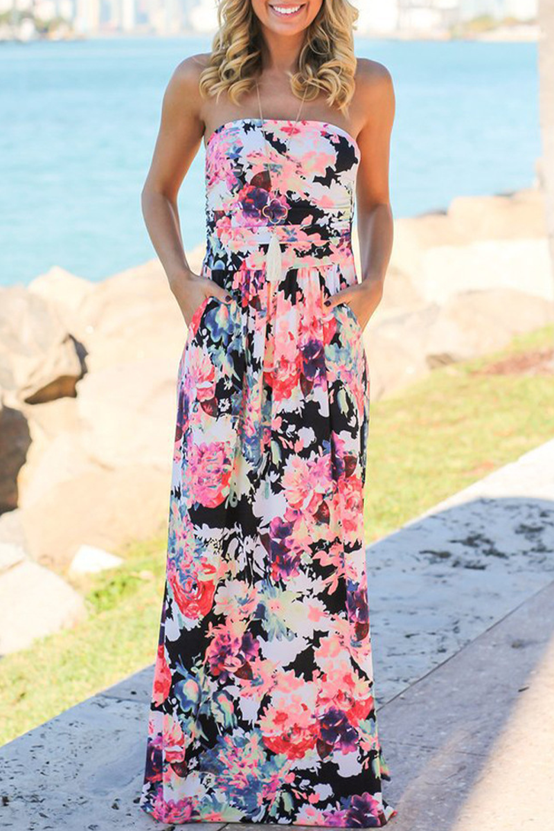 Print Strapless Pockets Maxi Dress - Fashionpara