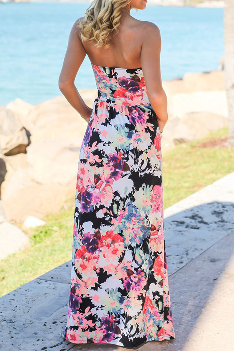 Print Strapless Pockets Maxi Dress - Fashionpara