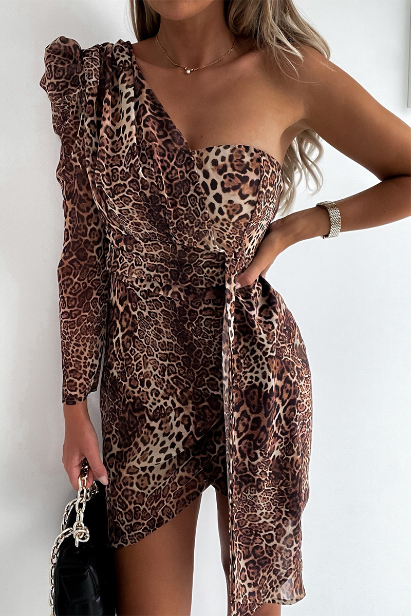 Animal Print One Shoulder Mini Dress - Fashionpara