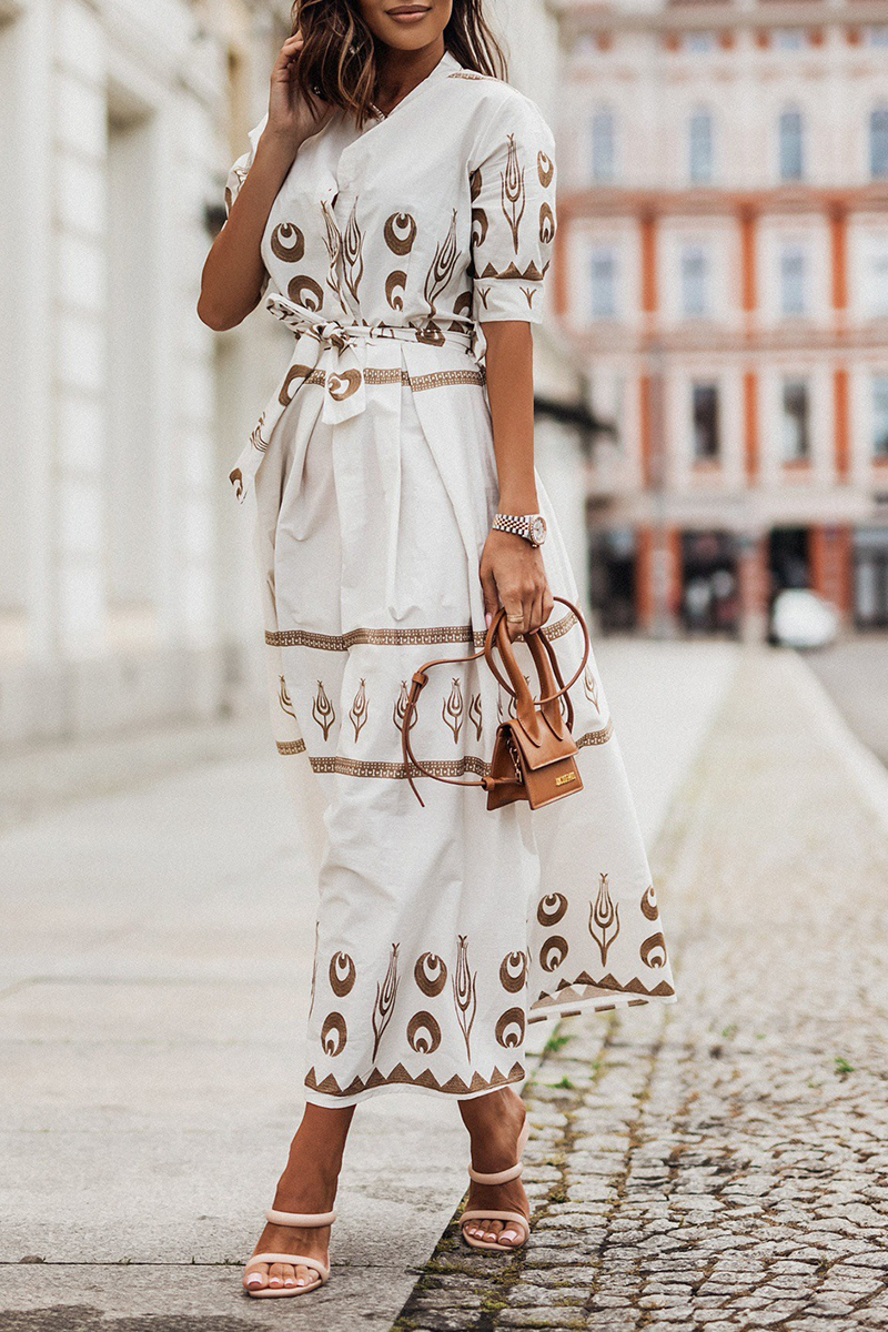 Print Button Belted Maxi Dress - Fashionpara