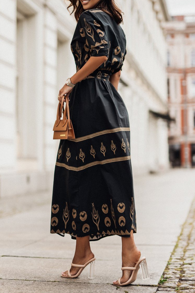 Print Button Belted Maxi Dress - Fashionpara