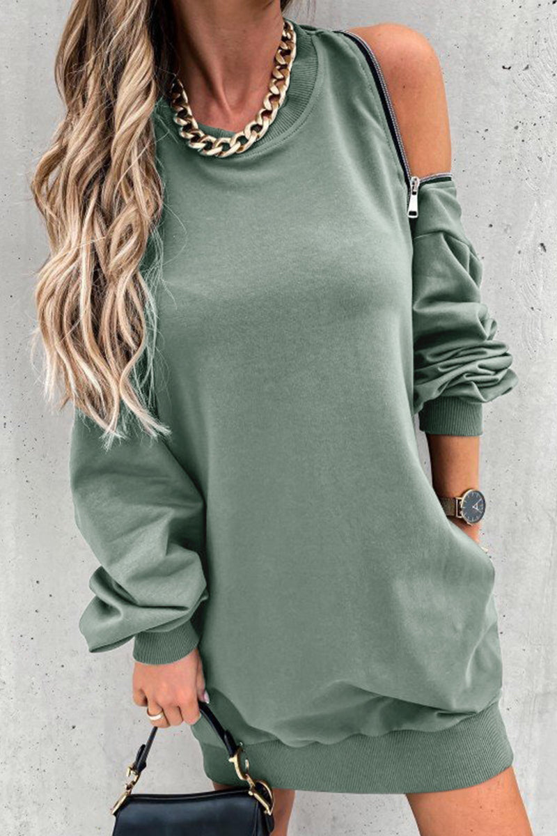 Zipper Slit O Neck Hoodie Dress - Fashionpara