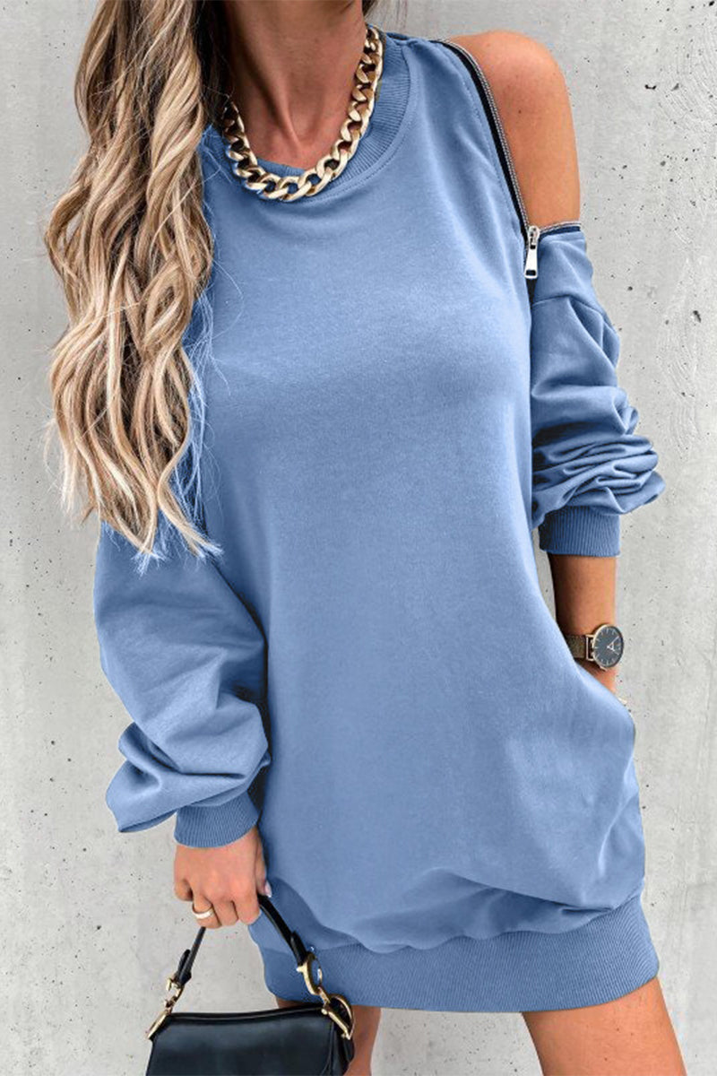 Zipper Slit O Neck Hoodie Dress - Fashionpara