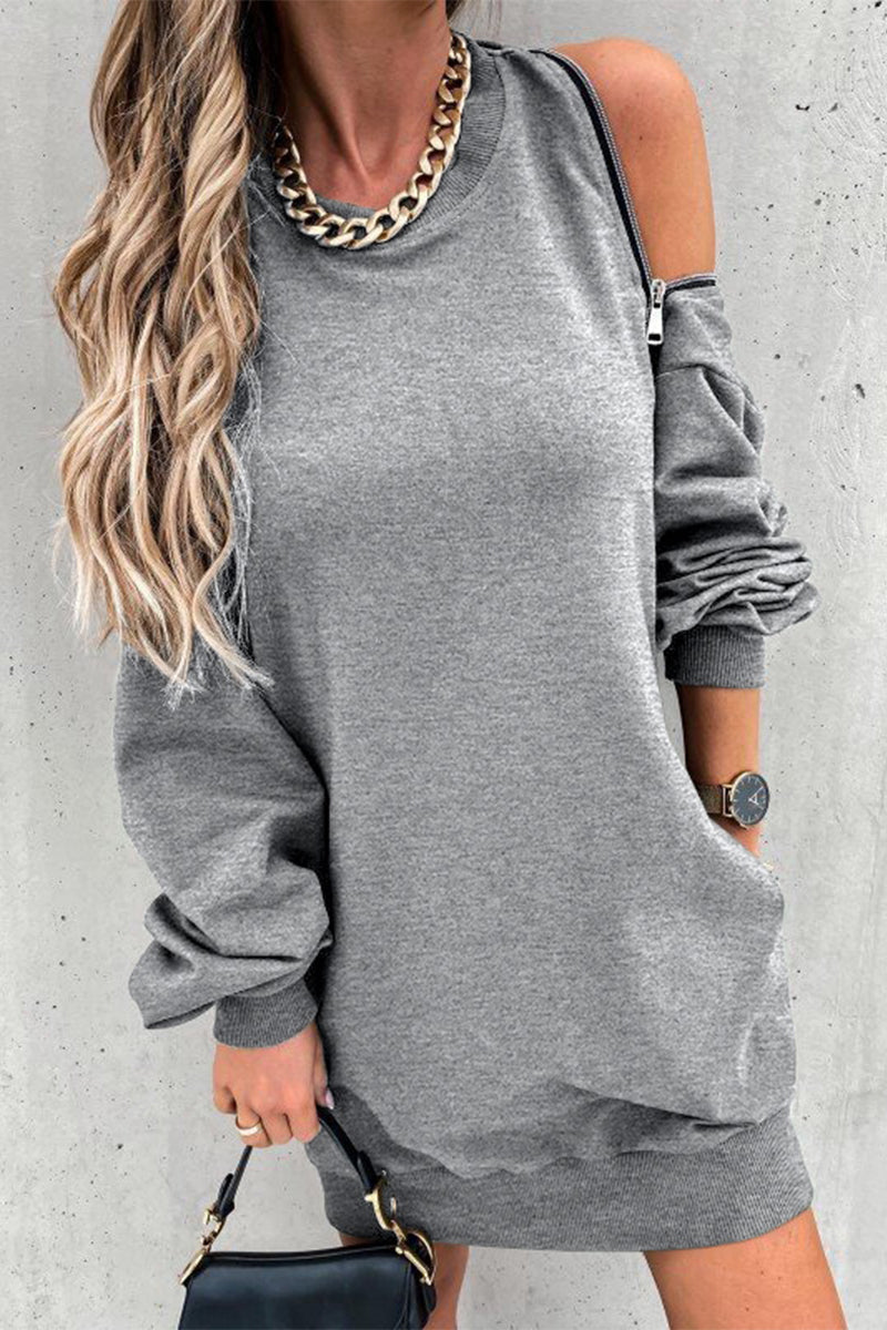 Zipper Slit O Neck Hoodie Dress - Fashionpara