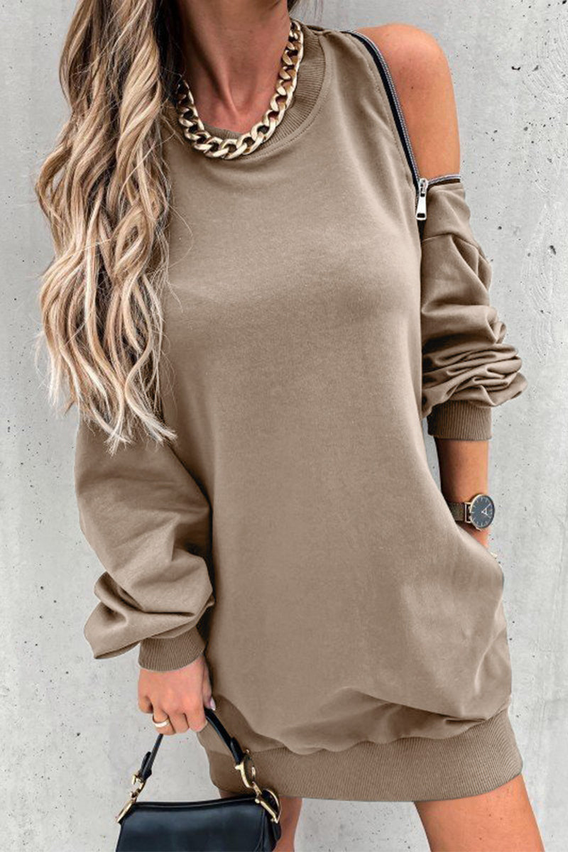 Zipper Slit O Neck Hoodie Dress - Fashionpara