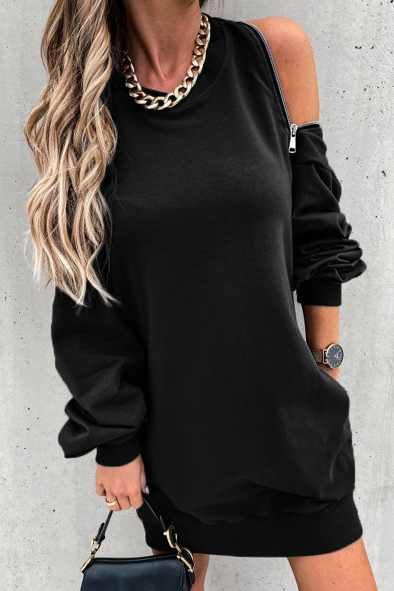 Zipper Slit O Neck Hoodie Dress - Fashionpara