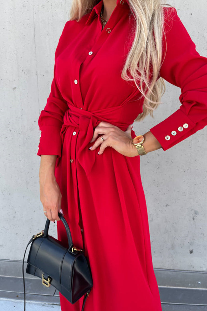 Single Breasted Tie Waist Midi Shirt Dress - Fashionpara