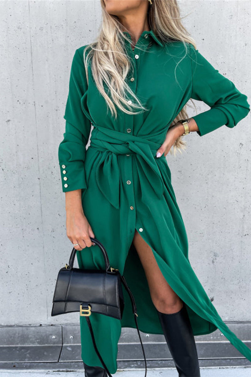 Single Breasted Tie Waist Midi Shirt Dress - Fashionpara