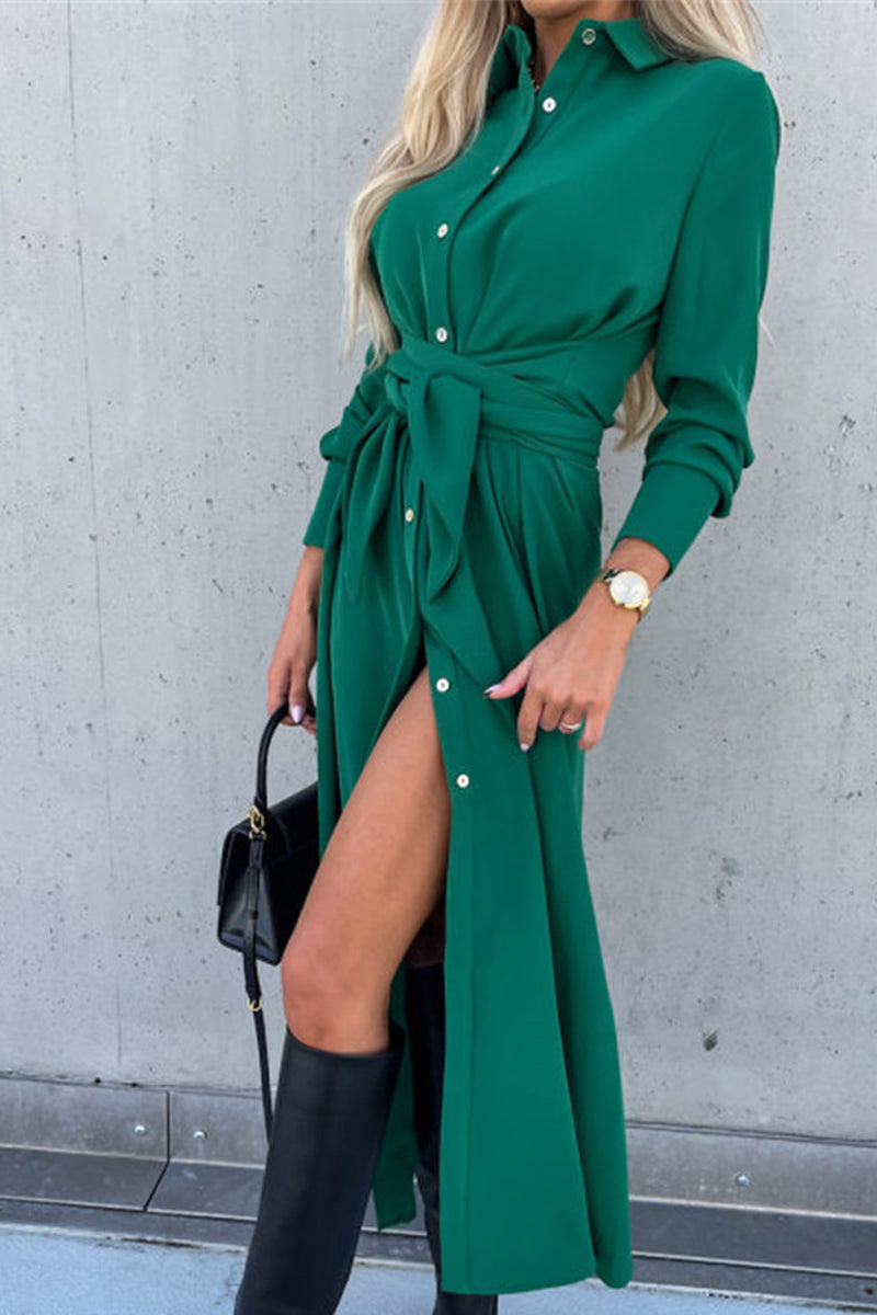 Single Breasted Tie Waist Midi Shirt Dress - Fashionpara