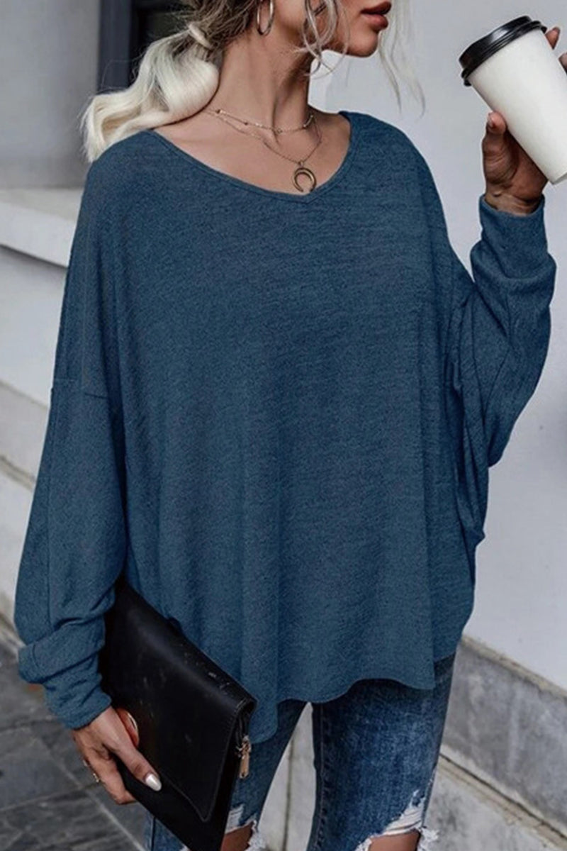 Casual Frenulum Solid Color O Neck Tops(4 Colors)