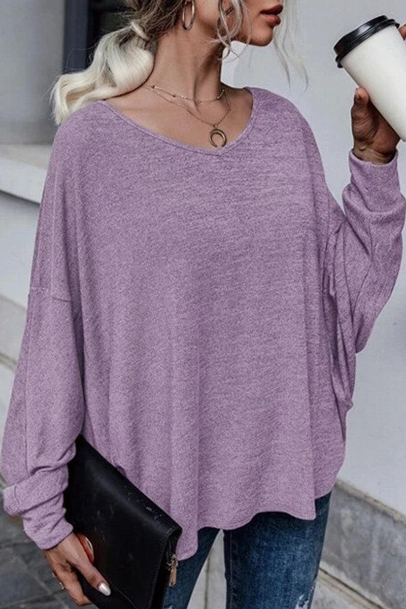 Casual Frenulum Solid Color O Neck Tops(4 Colors)