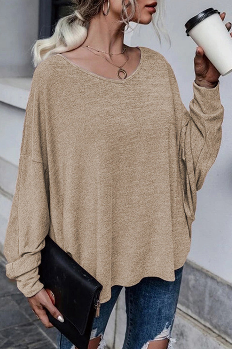 Casual Frenulum Solid Color O Neck Tops(4 Colors)