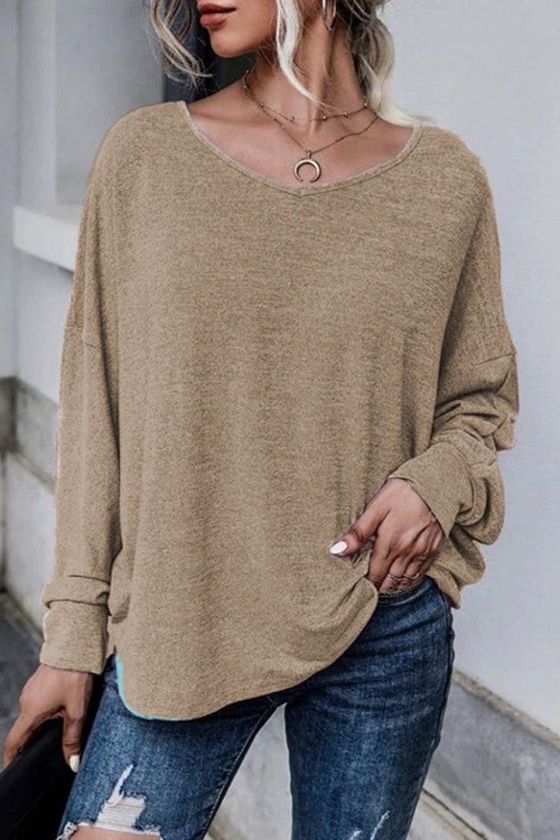 Casual Frenulum Solid Color O Neck Tops(4 Colors)