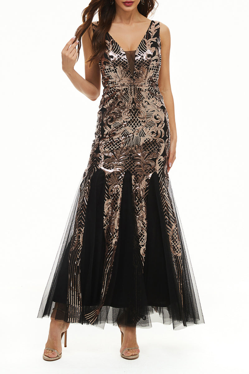 Elegant College Patchwork Sequins V Neck Evening Dress Dresses - Fashionpara