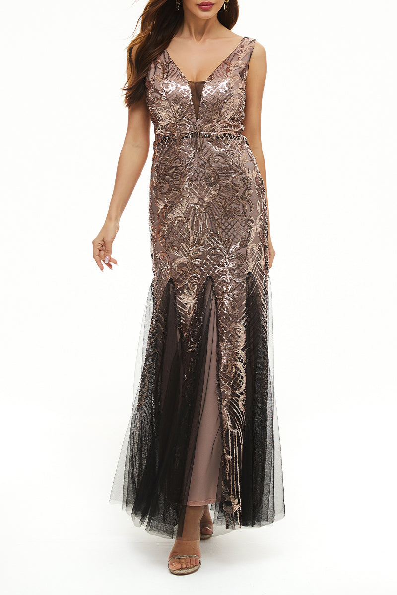 Elegant College Patchwork Sequins V Neck Evening Dress Dresses - Fashionpara