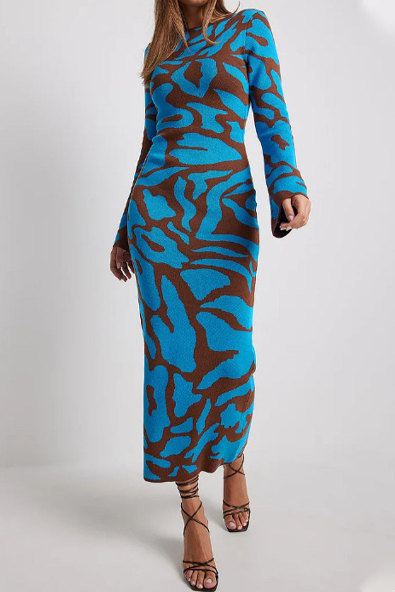 Casual Animal Print Contrast O Neck A Line Dresses(4 Colors)