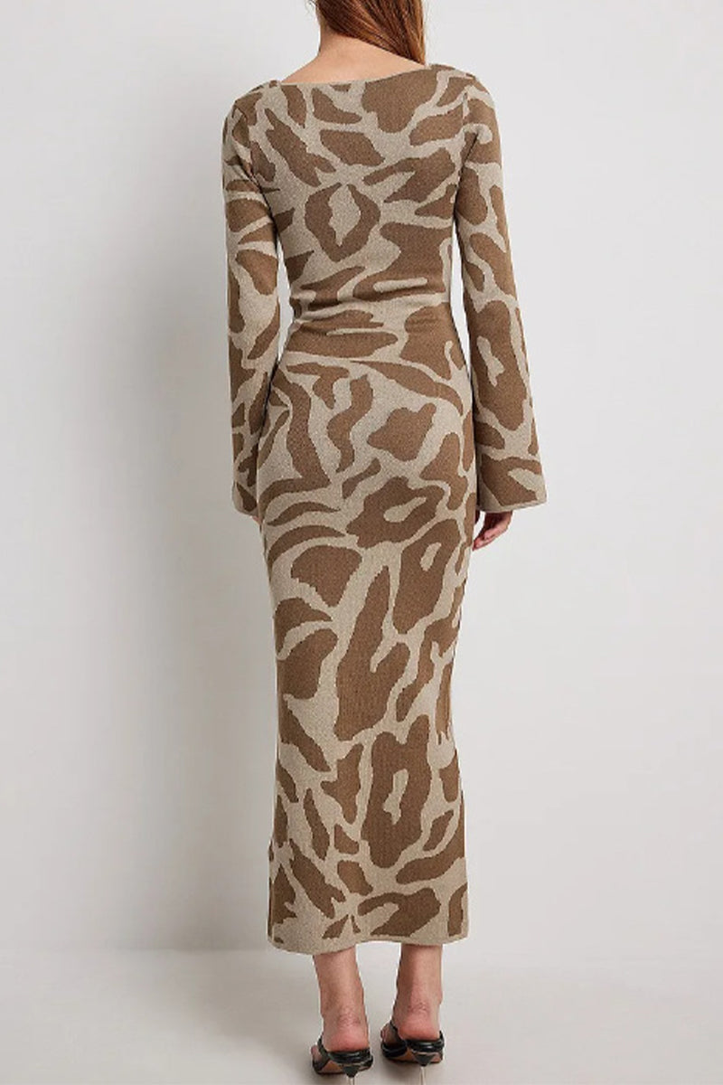 Casual Animal Print Contrast O Neck A Line Dresses(4 Colors)