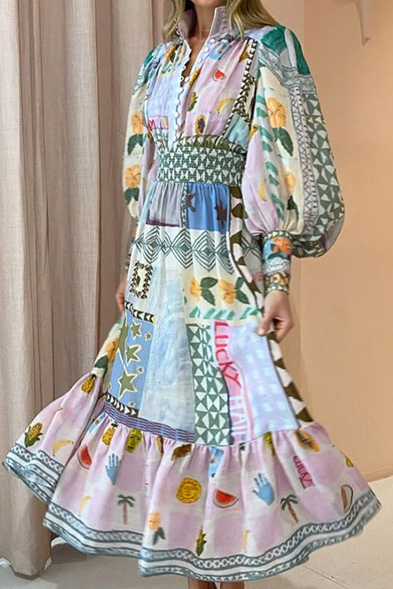 Elegant Print Patchwork Turndown Collar A Line Dresses