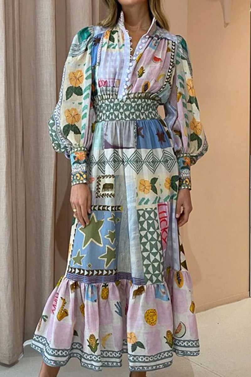 Elegant Print Patchwork Turndown Collar A Line Dresses