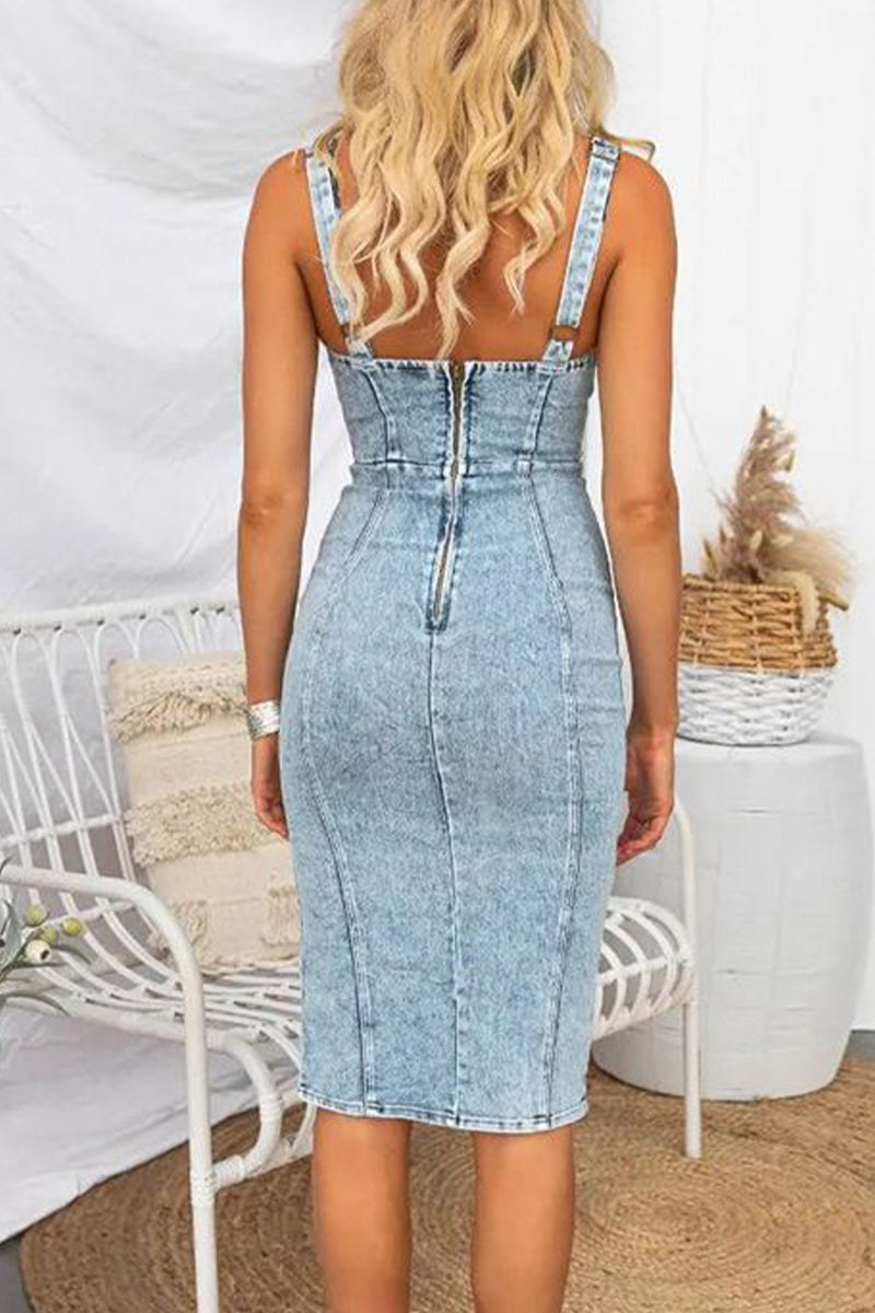 Sexy Solid Slit U Neck Sleeveless Regular Denim Dresses - Fashionpara