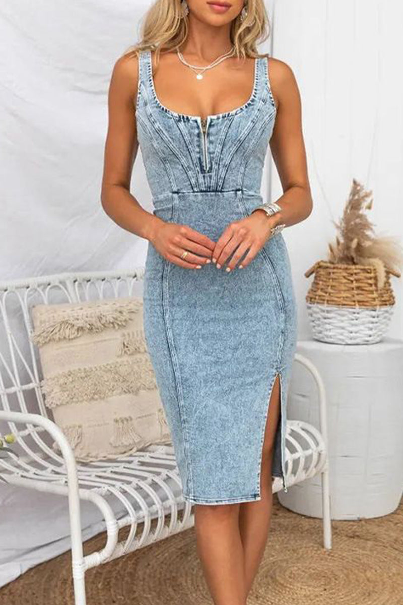 Sexy Solid Slit U Neck Sleeveless Regular Denim Dresses - Fashionpara