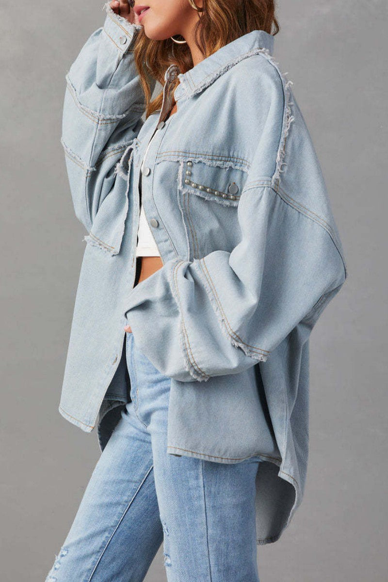 Casual Solid Patchwork Turndown Collar Long Sleeve Regular Denim Jacket