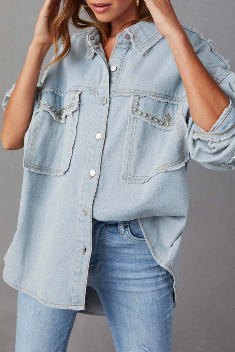 Casual Solid Patchwork Turndown Collar Long Sleeve Regular Denim Jacket