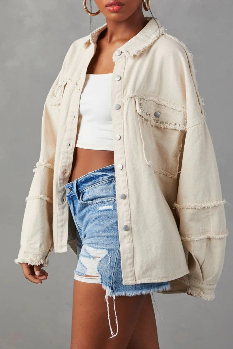 Casual Solid Patchwork Turndown Collar Long Sleeve Regular Denim Jacket